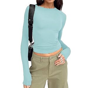 YILEEGOO Women's Casual Y2K Long Sleeve Slim Fit Tops Shirt Round Neck Tee Short Tops T-Shirt (Y2k-Light Blue, M)