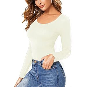 STAR FASHION Women Ladies Long Sleeve Round Neck Plain Top Stretchy Casual T Shirts Basic Slim fit Tee Tops UK Size 8-10 - Cream