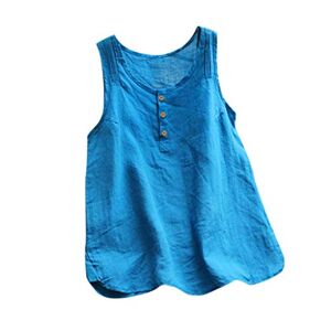 Janly Clearance Sale Women Summer Vest , Women's Casual Plus Size Linen Tops Tee Vintage Solid Sleeveless Loose Vest Blouse , Crop Camisole Tunics Tops for Ladies , for Easter St Patrick's Day (Blue-XXL)