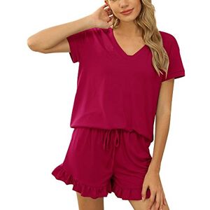 LCDIUDIU Womens Shorts Co Ord Sets Summer, White V-Neck Plain Short Sleeve T-Shirt And Ruffled Hem Shorts Lounge 2 Piece Outfits Going Out Holiday Beach Wear Sets Red Xl