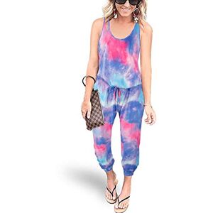 REORIA Women Summer Stretchy Sleeveless Tank Top Elastic Waist Loose Jumpsuit Rompers with Pockets Tie Dye Pink Blue X-Large