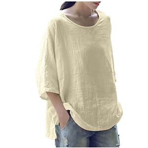 Yolimok Summer Tops for Women UK Sale 3/4 Sleeve Cotton Linen Solid Crew Neck Ladies Tops Casual Loose Three Quarter Sleeve Tunic T Shirt Plus Size Elegant Blouse Shirts UK 8-18 Beige