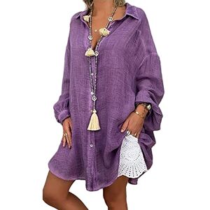 KCatsy Womens Top Plus Size Cotton Linen Plain Solid Color Long Sleeve Bishop Casual Shirt Beachwear Smock Cover-Up V-Neck Oversized Blouse A Purple 5XL 24