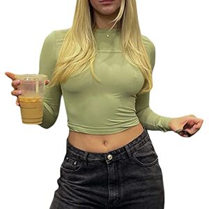 Acrawnni Women's Y2K Long Sleeve Pleated Crop Top Vintage Basic Slim Fit Textured Shirt Ribbed Pullover Blouse Tops Aesthetic Streetwear (C-Green, S)