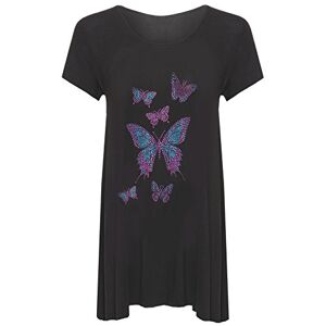 MA ONLINE Ladies Plus Size Diamante Butterfly Short Sleeve Hanky Hem Shirt Women Fancy Top Black UK 16