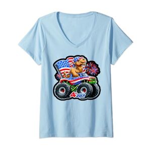 4th Of July Camel Independence Day Womens Patriotic USA Camel 4th July Monster Truck American V-Neck T-Shirt