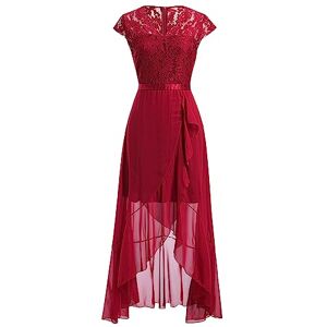 Odizli Wedding Guest Dresses for Women Elegant Vintage Summer Cap Sleeve V Neck Lace Chiffon Ruffle Long Dress Ladies Bridesmaid Party Cocktail Special Occasion Formal Evening Prom Gown Red M