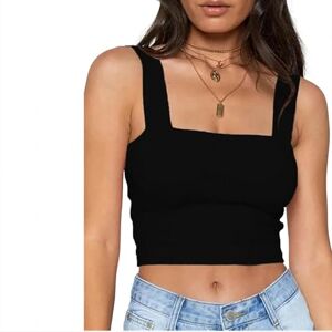 NSLFA camisole tops for women Square Neck Sleeveless Summer Crop Top Women Casual Basic T Shirt Off Shoulder Cami Top-Black-L