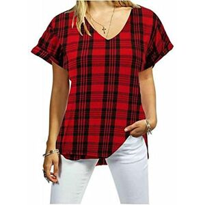 Real Life Fashion Ltd Womens V Neck Tunic Turn Up Short Sleeve Plain Printed Baggy Top Ladies Casual Wear Oversized Tee Top Red Tartan UK 20-22