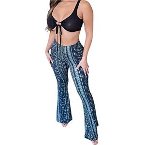 Achlibe Women Boho Print Long Pants Flared Wide Legs Summer Bell Bottom Trousers High Waist Slim Yoga Palazzo Trousers (Blue, S)