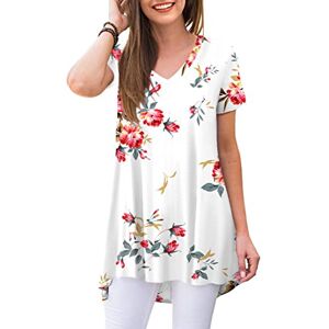 POPYOUNG Women's Summer Casual Short Sleeve Tunic Tops to Wear with Leggings V-Neck T-Shirt Loose Blouse L, Floral White