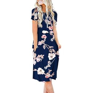 AUSELILY Summer Dress for Women Knee Length Dress Short Sleeve Causul Dresses with Pockets Pleated Empire Dress Flare Swing T-Shirt Dresses (Navy Blue Flower, 2XL)