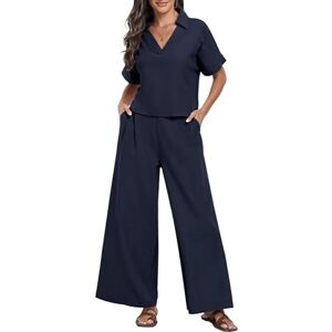 LCDIUDIU Ladies 2 Piece Wide Leg Pants Set, Black V-Neck Rolled Short Sleeves T-Shirt Crop Top Elastic Waist Straight Leg Trousers Lounge Co Ord Sets Summer Casual Going Out Matching Sets Navy Blue