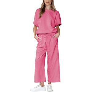 LCDIUDIU Oversized Wide Leg Sweat Pants And Top Set Women Summer 2 Piece Outfits,Black Round Neck Striped Texture Loose Short Sleeve T-Shirt Casual Tracksuit Jogging Loungewear Co Ord Sets Rose Red