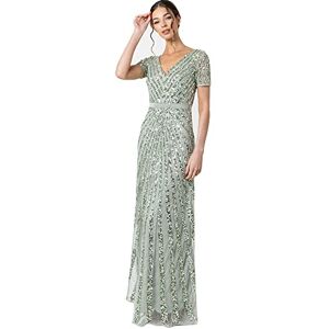 Maya Deluxe Women's Maxi Womens Ladies Embellished Sequin Long Short Sleeve V Neck High Empire Waist Cut Shiny P Bridesmaid Dress, Green Lilly, 16 UK