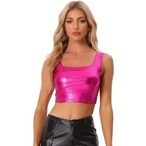 Allegra K Women's Crop Top Vest Tank Top U Neck Sleeveless Party Clubwear Shiny Metallic Hot Pink XS