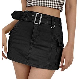 FeMereina Women Cargo Mini Skirt Aesthetic Y2k 90s Low Waist Jeans Skirts A-line Denim Short Skirt Vintage Harajuku Streetwear (Black, Large)