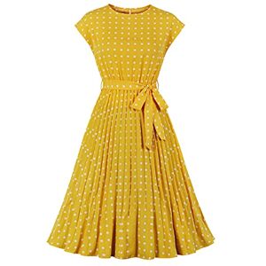 Wellwits Women's Polka Dots Cap Sleeves Pleated Vintage Dress Yellow S