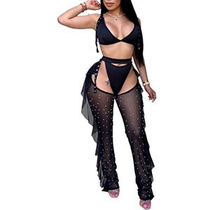 Women Beading Pearl See Through Sheer Mesh 2 Pieces Outfits Jumpsuits Crop Top and Hollow Out Ruffle Long Pants - Black - Small