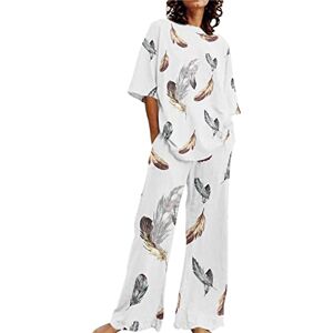 rtdgcv Clothing Women's Elegant Wedding Comfortable Suit for Women Summer O-Neck Loose Short Sleeve Top with Floral Print Shirt with Trousers Large 2-Piece Set Trouser Suit Checked Women, White, XXL