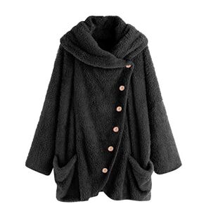 ClodeEU Women Winter Long Coat Plus Size Button Plush Outwear Hooded Loose Cardigan Wool Coat Winter Jacket Ladies Baggy All Match Basic Overcoats Outerwear, Black