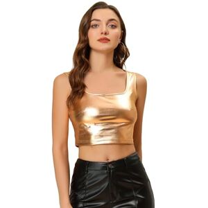 Allegra K Women's Crop Top, Vest Tank Top, U Neck Sleeveless, Party Clubwear, Shiny Metallic Rose Gold 16