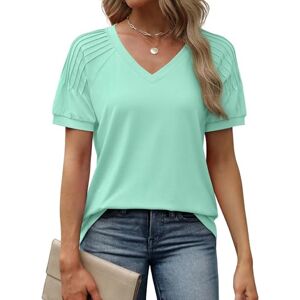 Sampeel T Shirts for Women Summer Tops Ladies V Neck Short Sleeves Pleated Tee Lake Green Size 22-24