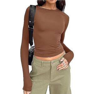Geagodelia Womens Crop Tops Long Sleeve Skin Tight Fitting Crew Neck T-Shirt Stretch Slim Fit Basic Tops Y2K Aesthetic Clothes Going Out Tops (A 01- Brown, L)