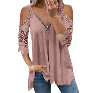 Women Shirt Long AMhomely Women Tops Summer Sale Ladies Casual Lace Half SleeveＶ-Neck Zipper Hollow Out T-Shirt Blouse Tops Clearance Plus Size Elgant Office Shirts UK Size
