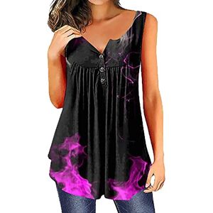 Generic Women V Neck Longline Casual Button Down Cotton Linen Shirts Beach Women Top Ladies Summer Loose Border Fashion 3D Sleeveless Printed T Shirt Vest Loose Comfy Oversized Hide Belly (Purple, XXXXL)