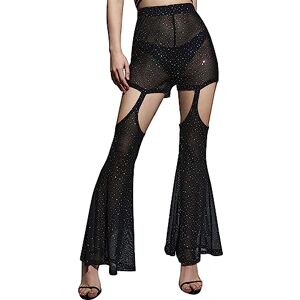 Black Flared Trousers Women's Glitter Beach Trousers Women's Transparent Sequins Hippie Trousers High Waist Airy Trousers Patchwork Flared Trousers Trendy Summer Trousers for Party Festive Artistic