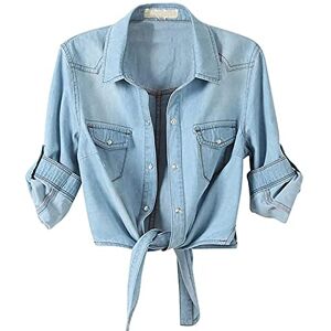 VEMOW Women's Jeans Shirt Fall Winter Casual 3/4 Sleeve Button Down Crop Top Fashion Knot Tie Front Denim Shirt Jacket Coat Blue