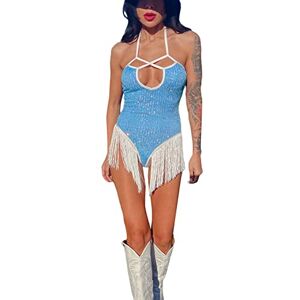 Generic Sparking Women Concert Sequin Tassel Bodycon Romper DressGlitter Sleeveless Cut Out Jumpsuit Bodysuit Night Clubwear (Blue, S)