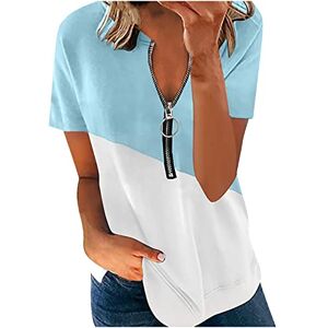 Funaloe Winter Sale Halloween Christmas Summer Fall Tops Clearance T Shirts for Women UK Plus Size Women's Summer Tops Striped Tops Color Block Casual Fashion Color Matching Zipper Short Sleeve Tops Zip Top Blue L UK Size Special Occasion Oktoberfest Shir