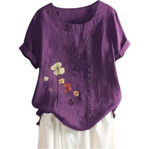 Summer Linen Tops For Women Uk Keepink Women's Summer Tops Loose Casual Blouses Cotton Linen Shirts Boho Embroidered Top Short Sleeve Button Tshirt Vintage Tunic Pullover Elegant T Shirts Large Size 8-22 UK