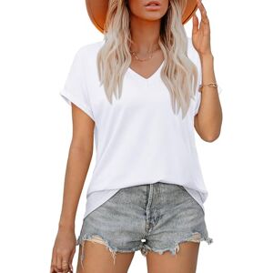 NEYOUQE Women's T-Shirts White Ladies Summer Tops V Neck Shirts Short Sleeved Solid Cotton Casual Shirts for Women White XL