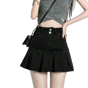 UniPrime denim skirt Pleated Denim Skirt Shorts Women Summer Fashion High Waist A-Line Slim Cute Mini Skirt-Black-L