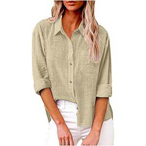 Women'S Long Sleeve Tops Womens Blouse Cotton Linen Shirts Long Sleeve Button Down Tops Lapel Casual Blouses Classic Elegant Cardigan Oversized Fall Jacket Ladies Office Work Tee Shirt UK Plus Size 8-22 Beige