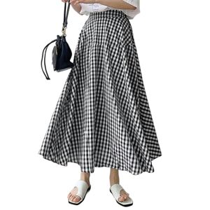 Gyios skirt Oversized Casual Elastic High Waist Maxi Skirt Women Summer Plaid Spliced A-line Skirt Fashion Checked Skirt-black-l