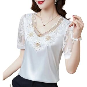 TGGOHIGH Shirt Women Shirt V Neck Blouse Summer Short Sleeve Flower Mesh Tops-2 White Gold-M