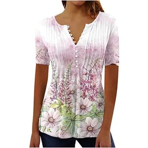 Summer Tops for Women UK Plus Size Pleated Shirts Hide Belly Floral Bohoed T-Shirt Ladies Short Sleeve Button V Neck A-Line Empire Waist Swing Shirts