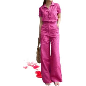 YHTRFD Lapel Cotton Linen Side Pocket Wide Leg Pants Set, Women's Summer Short Sleeve Trouser Suit Sleeved Trouser Party 2 Piece Outfits (XL-,Rose)