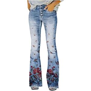 Plus Size Jeans for Women Flared Leg Demin Trousers Floral Print Pockets Casual Loose Retro Jean High Waish Work Jogger Pants Clearance