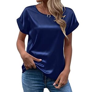 Generic Women's Short Sleeve Satin Blouses Casual Loose Crewneck Silk Shirts Roll Up Sleeve Tunic Tops S-XXL(BU2,Medium)