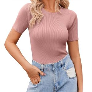 Amazon Outlet Clearance Angxiwan Sports Tops for Women UK Women's Short Sleeve Basic Slim Fit Tops Crewneck Ribbed Knit T Shirt Cute Summer Outfits Oversized+T+Shirts+for+Women Pink