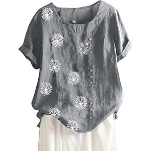 Rikay Summer Linen Tops for Women UK, Bohemian Boho Tops Short Sleeve Linen Tops Crewneck Blouse Oversized Shirts Loose Plus Size Tunic Tops Casual Solid Elegant Baggy Tshirt