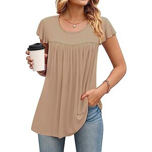 SMENG Womens Summer Tops Casual Solid Color Clothing Ruffle Short Sleeve T-Shirts Trendy Swing Tops for Women UK Khaki Size XL