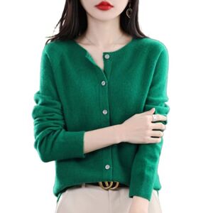 TeysHa Women's Cashmere Cardigan Sweater,Wool Crew Neck Button Down Long Sleeve Cardigan Sweater,Soft Warm Knit Elastic Jumpers (Green,Large)