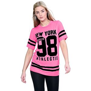 Uk janisramone Womens Ladies New Baseball Newyork 98 Brooklyn Stripe Print Oversized Baggy T Shirt Top Neon Pink