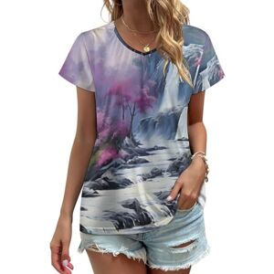 Songting Tropical Jungle Waterfall Painting Womens V Neck T Shirts Cute Graphic Short Sleeve Casual Tee Tops L